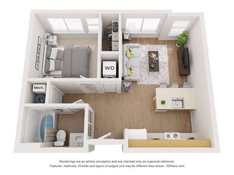 Floor plan for 1 bed, 1 bath, 510 sqft
